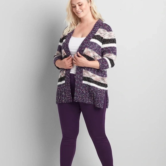 Lane Bryant Fuzzy Purple Confetti Striped Open Front 3/4 Sleeves Duster Cardigan - Picture 12 of 12